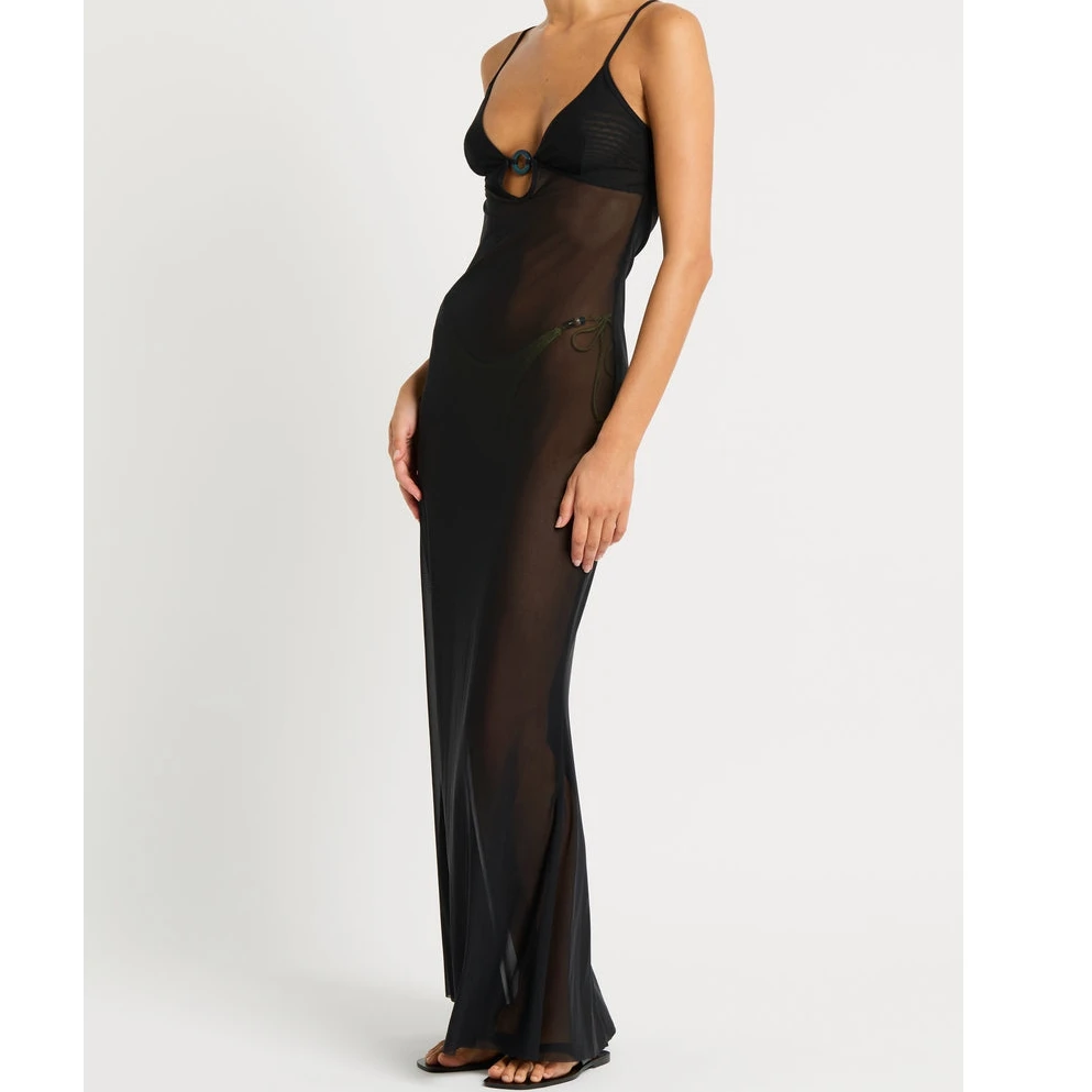 Abito da donna trasparente in rete trasparente con canottiera senza maniche, cinturino per spaghetti, anello sul davanti, abito lungo aderente, abito aperto sul retro