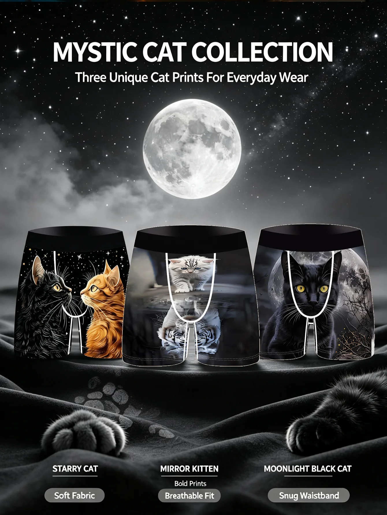 Men 3 Pack Funny Cat Moon Printed Boxer Briefs Soft Touch Breathable Underpants Flexible Fit Novelty Boyfriend Gift