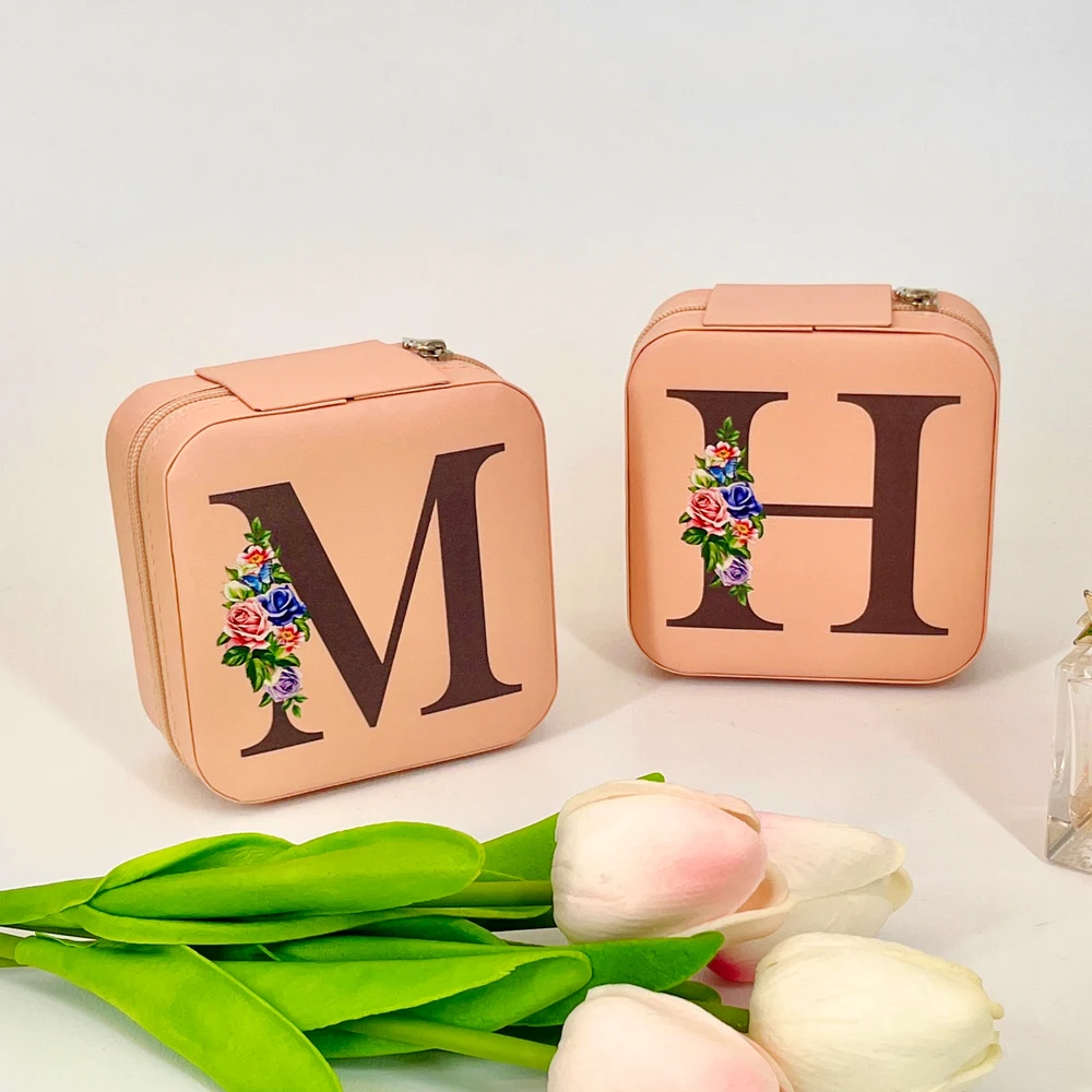 New Creative Letter Flowers Jewelry Box Earring Ring Necklace Storage Box With Mirror Leather Printed Portable Boxes for Women