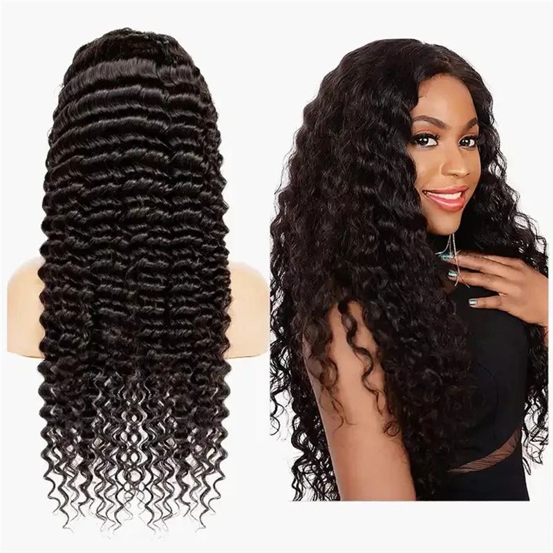 13x4 Black lace front human curly hair wig deep wave