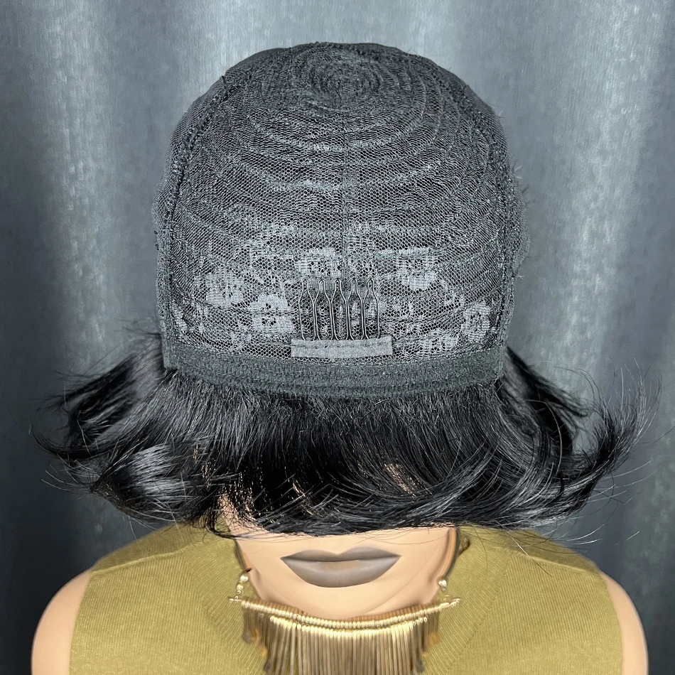 شعر مستعار قصير مستقيم بقص عابث أسود ورمادي بوب مع غرة، شعر مستعار بشري مصنوع آليًا بالكامل للنساء ذوات البشرة السمراء