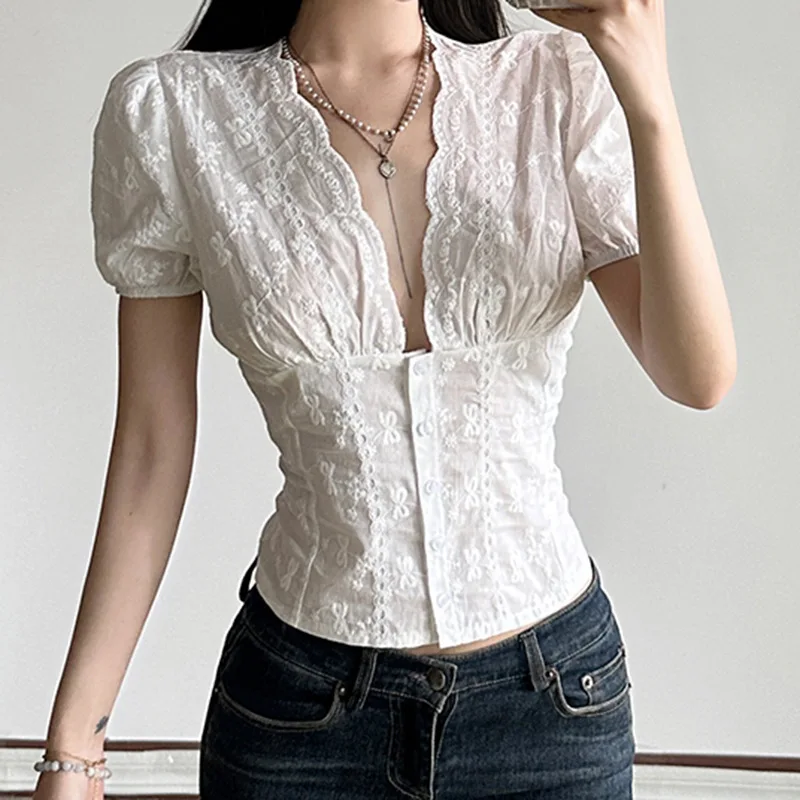 

Women's Butterfly Textured Lace Shirt-V-neck Button-down Short Sleeve Waist Cinched Slim Fit Top,Sweet Age-reducing Daily Blouse