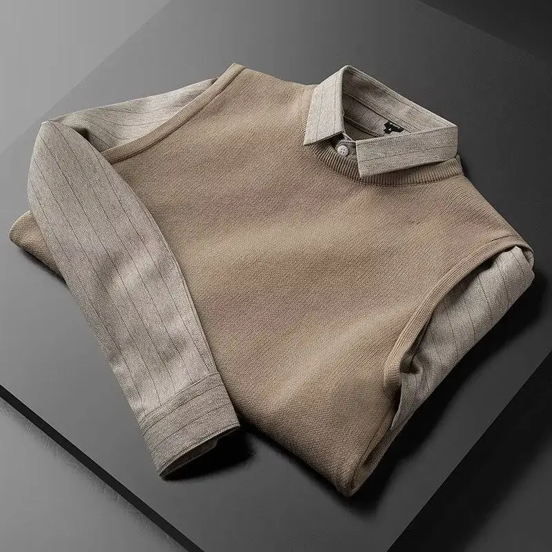 Business Office Fashion Solid Color Sweaters Fake Two Pieces New Comfortable Slim Polo-Neck Shirt Autumn Winter Male Clothes