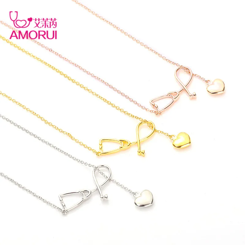 AMORUI Stethoscope Women Heart Pendant Necklace Women Trendy Medical Necklace Rose Gold Silver Color Woman Fashion Chain Jewelry