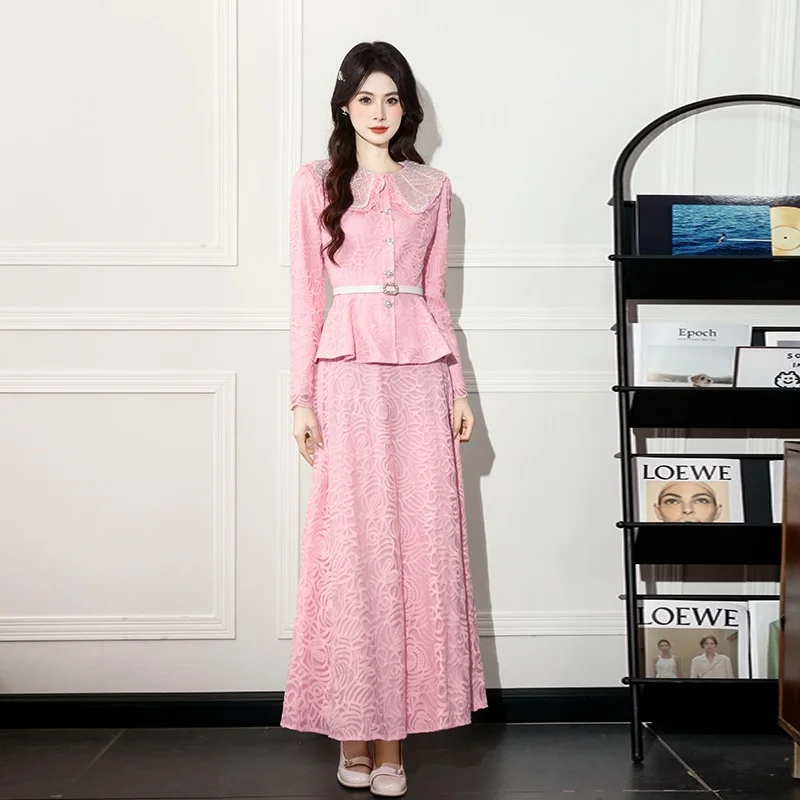 

Elegant European Korean Style Women's Fashion Set High Waist Long Sleeve round Neck Pearl Embellished Dress And Top Ensemble