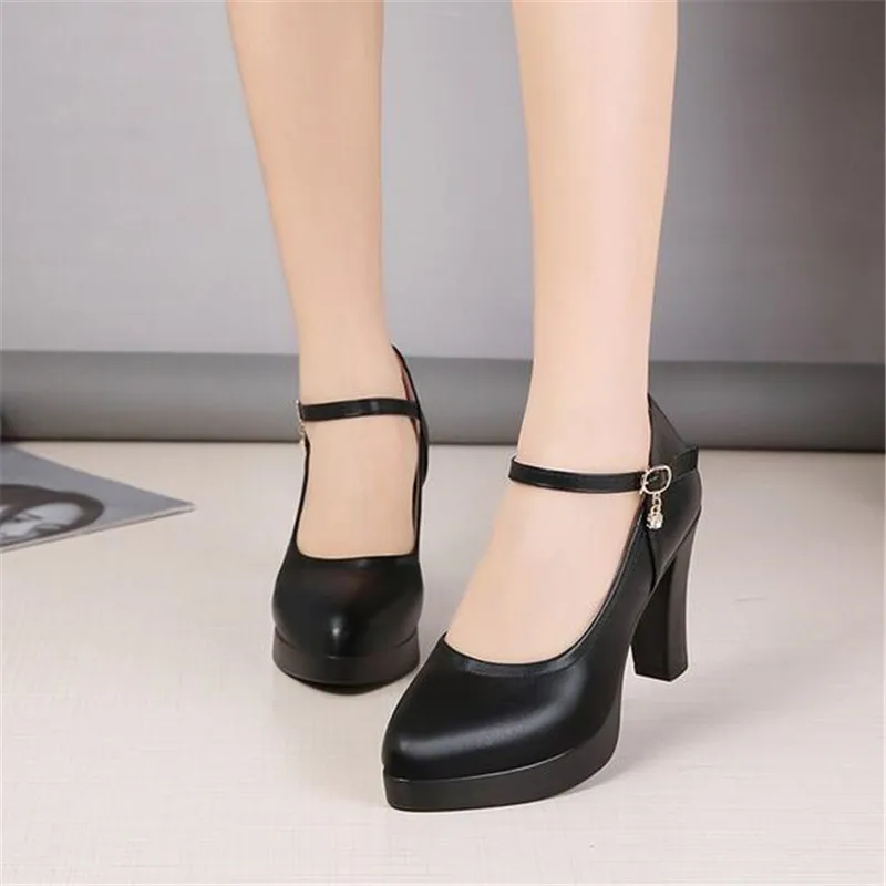 high heels platform pumps women 2023 spring new fashion buckle solid black shoes woman PU leather waterproof shoes femme