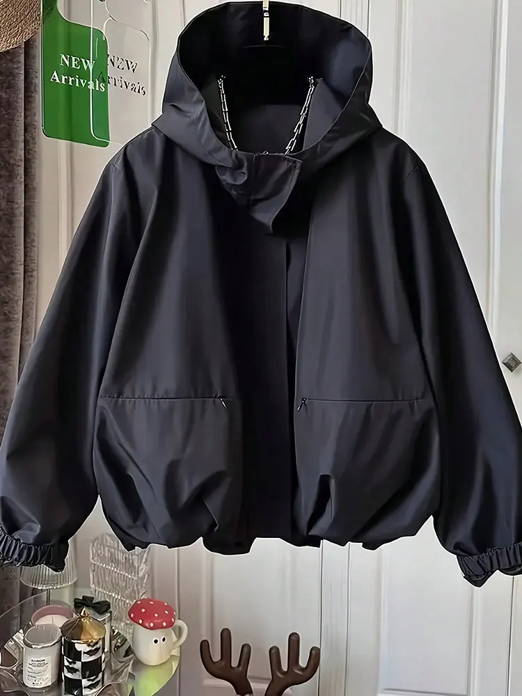 

Hot Loose Hooded Zipper Long-Sleeve Jacket All Match Korean Popular Woman Clothes Winter Coats Warm Outdoor Clothing Novelties