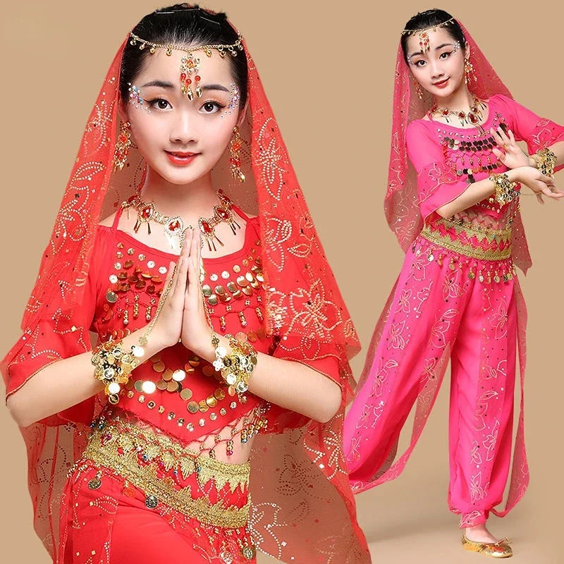 Ensemble de Costumes de danse du ventre pour enfants, robe indienne orientale pour filles, vêtements de danse indienne Bollywood, Costume de spectacle sur scène