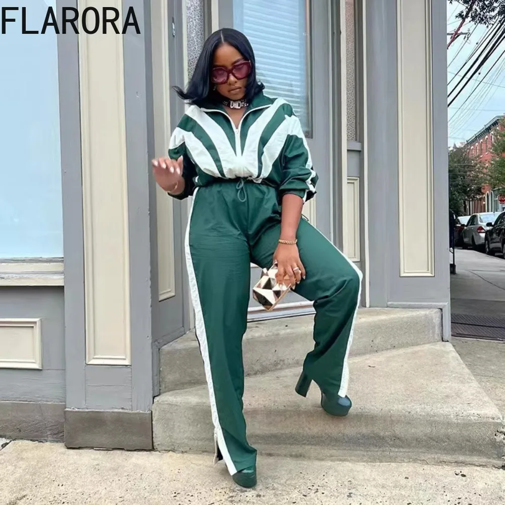 FLARORA 2024 Autumn Contrast-color Women Tracksuits Casual Zipper Fly Coat And Side Stripe Jogging Pants Women\'s Two Pieces Set