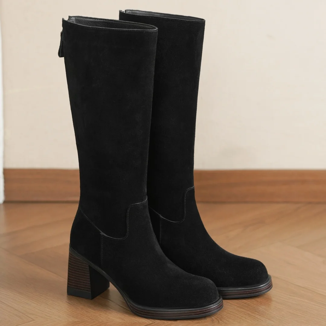 المرأة جلد الغزال الطبيعي جولة تو الظهر البريدي الخريف حذاء برقبة للركبة 7.5 سنتيمتر كعب مكتنز منصة أنيقة السيدات أحذية طويلة الساخن #4