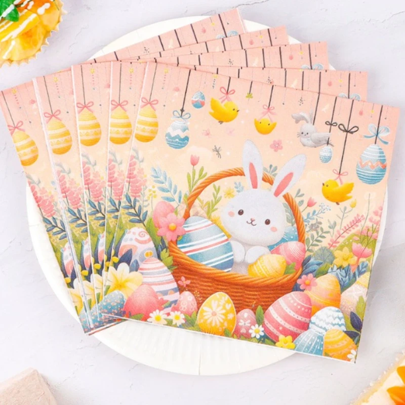 10/20pcs 2Layer 33cm Easter Bunny Napkins Easter Egg Basket Pink Paper Meal Mat Picnic Party Paper Drawing DIY Decoupage Paper