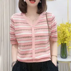 Korean Fashion Summer T-Shirts Women V-neck Floral Patchwork Ice Shreds Minimalist Short Sleeve Loose Fake Cardigan Knit Tops