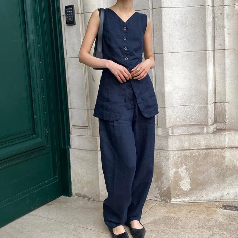 Navy Blue Sleeveless Vest Long Pants Set Fashion New High Waist Single Breasted Vest+Wide Leg Pants Slimming two-piece set