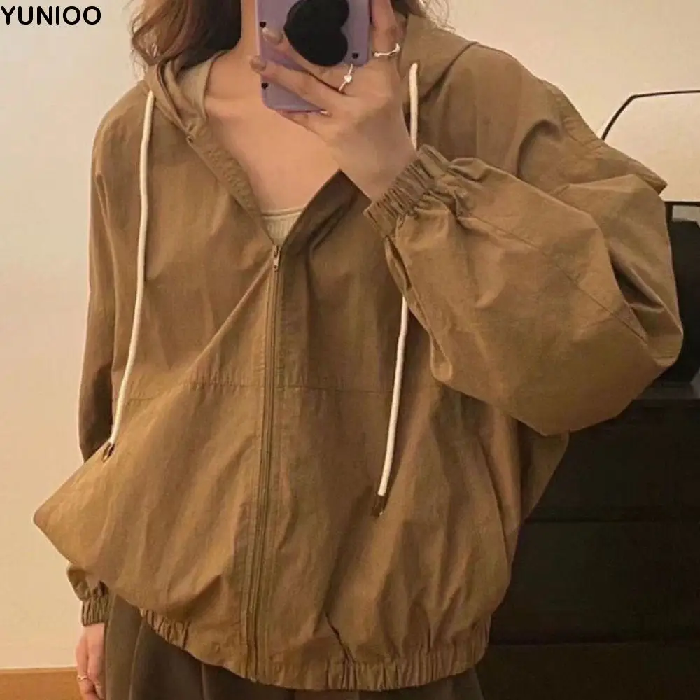 

Свободные тонкие солнцезащитные толстовки с капюшоном и длинными рукавами на шнурке для женской одежды, корейское осеннее пальто на молнии, топ для праздника