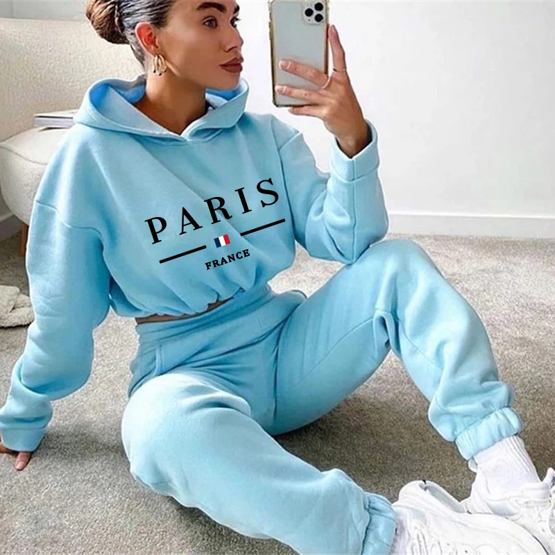 

Paris Printed Womens Tracksuit Casual Short Hoodies Tunic+Trousers 2 Pcs Sets Sports Jogging Sweatshirts Outfits Women Pants Set