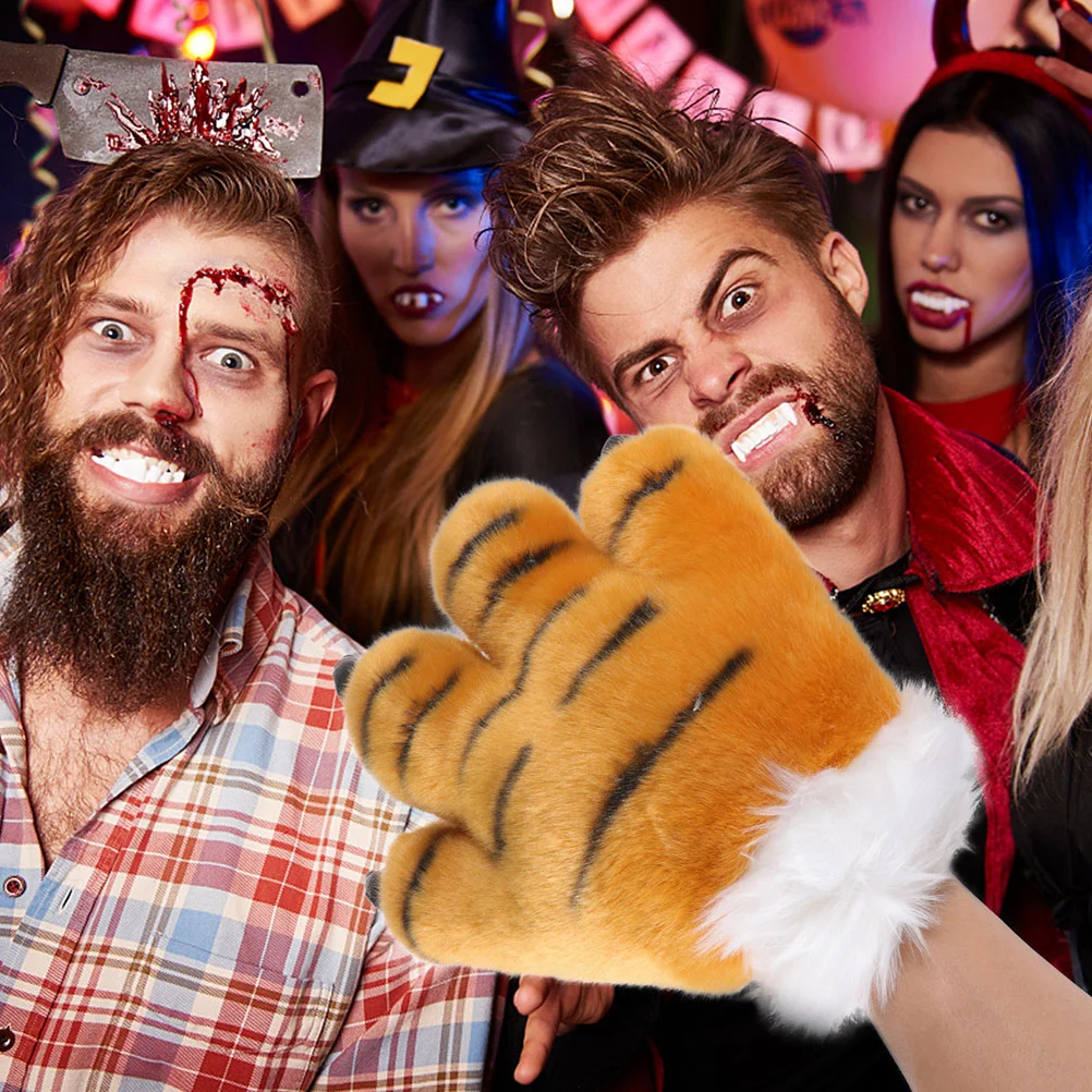 Simuliertes Tigerpfoten-Stirnband für Jungen, Kinder-Tierkostüm, kurze Plüschpfoten, warme Fäustlinge