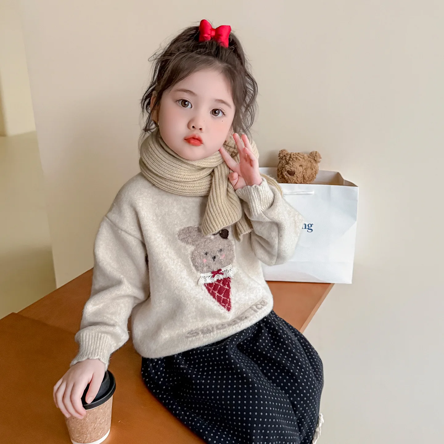 

UNITIM Toddler Girls Sweater Rabbit Jacquard Kids Baby Girls Winter Knitwear Versatile New Thicken Warm Infant Girls Pullovers