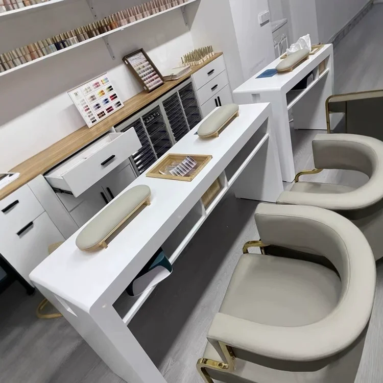 Vendita calda Mobili da scrivania per salone di bellezza Tavolo per unghie con piano in marmo Tavolo per manicure moderno a doppio posto per salone di bellezza