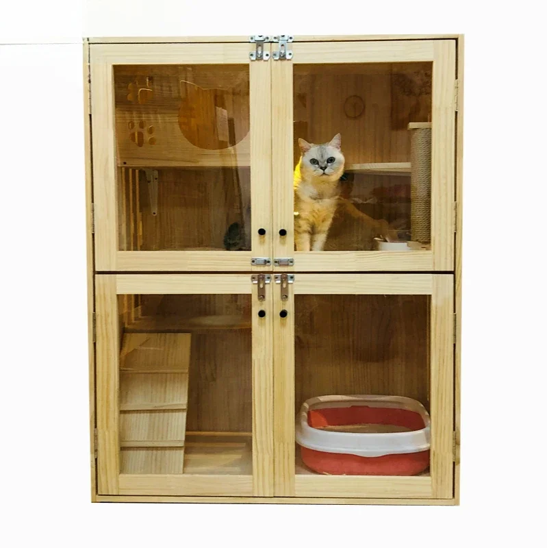 Solid Wood Nest Villa Solid Wood Cabinet Cage Two-Layer Practical Medium Pet Cage Cattery Cage Cat