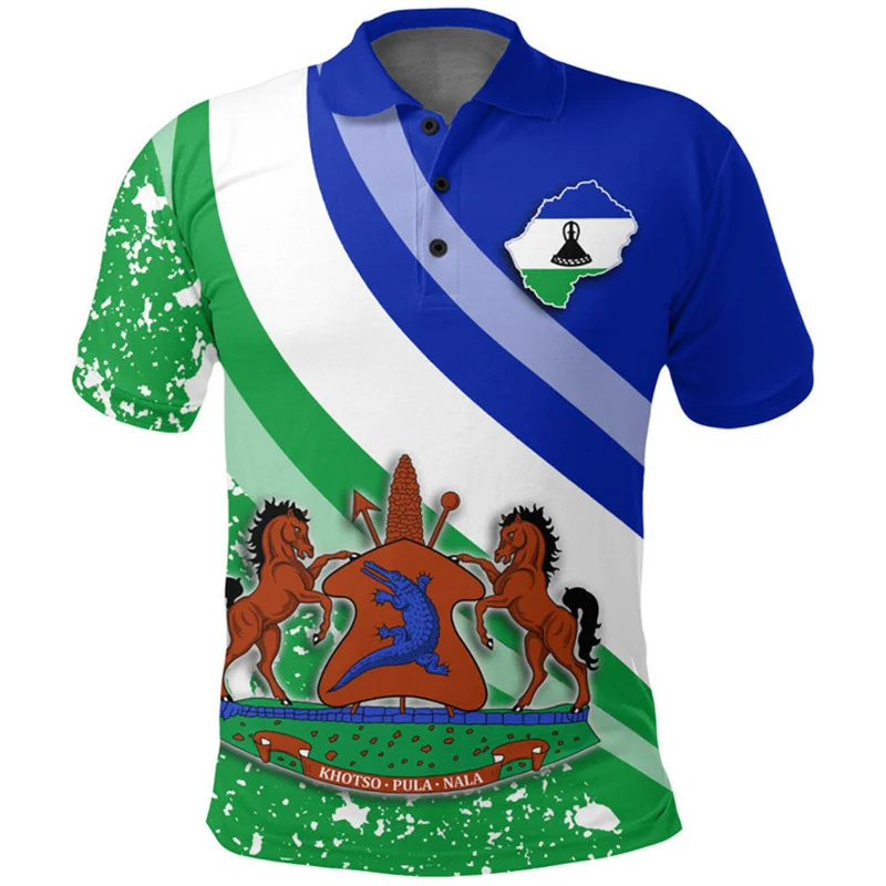 Lesotho Flag Map 3D Print Polo Shirt The RepublicOf Lesotho Coat Of Arms Graphic Polo T Shirt Vintage Mens Clothing Polo Shirts