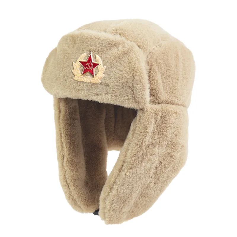 قبعة Lei Feng دافئة من القطيفة بلون سادة مع آذان القمح الذهبية وشارة النجمة الحمراء قبعة شتوية عصرية رائعة