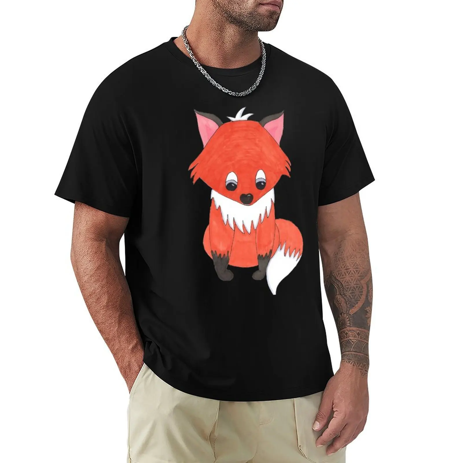 Fox - Cartoon - Marker Print T-Shirt Work Outdoor T-Shirt for Men