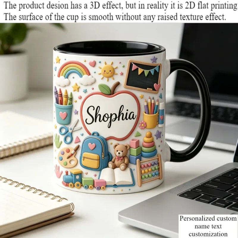 Custom Name Kindergarten Teacher Mug 2D Printing 11oz Ceramic Cup Rainbow Crayon Design Microwave Safe Gift for Teacher Back To