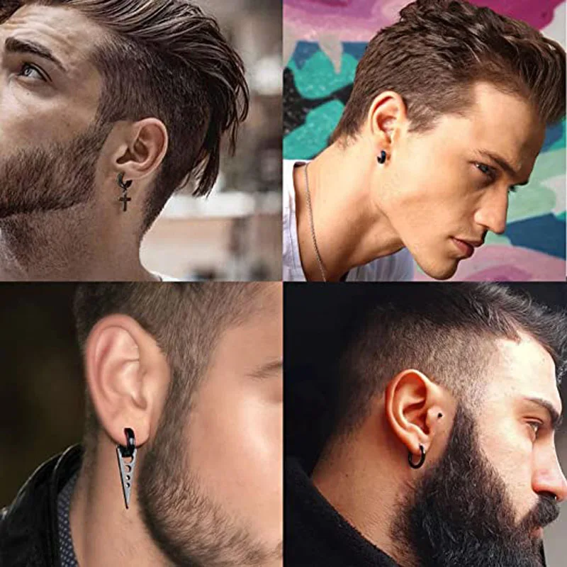 WKOUD 1-15 Pieces Clip On Earrings Set For Men Stainless Steel Black Fake Piercing Mens Hoop Non-piercing Earrings