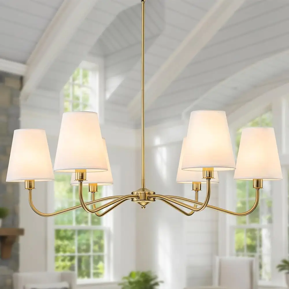 

36 6-Light Antique Brass Chandelier with White Fabric Shade for Dining, Kitchen, Living Room, and Entryway