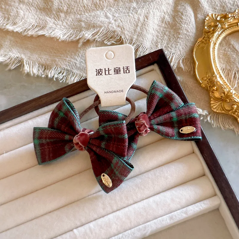 

Коллекция волос в школьном стиле, 1 пара клетчатых заколок с бантиками и резинками для волос, шерстяные премиум-класса для девочек, классические