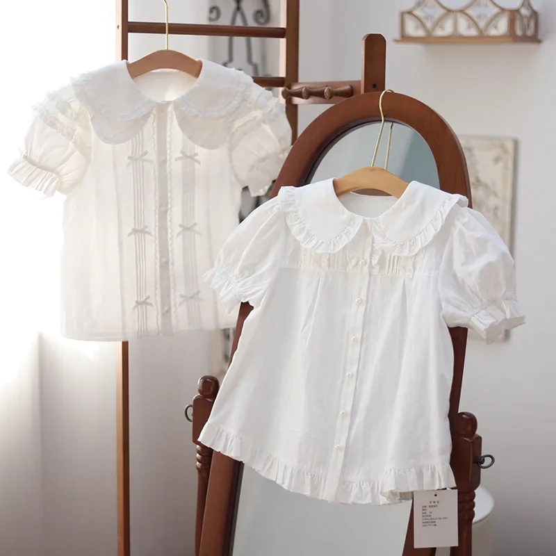 Japanese Soft Girl Sweet Cute Lolita Inner Shirt Doll Collar Short Puff Sleeve Single-breasted Loose Versatile Shirts Tops Women