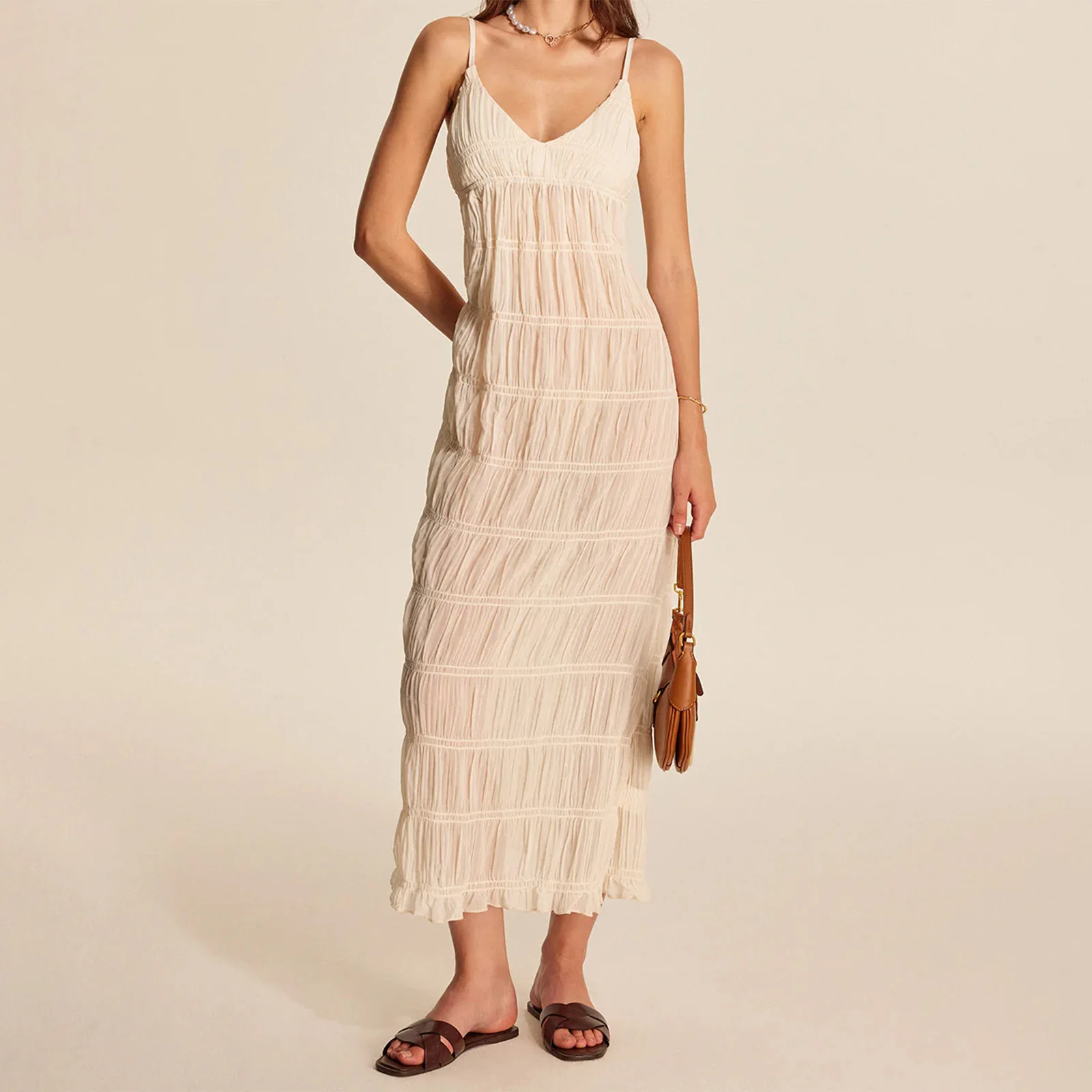 Combhasaki Abito lungo dritto da donna estivo con spalline regolabili senza maniche con scollo a V increspato e cintura smock con allacciatura sul retro