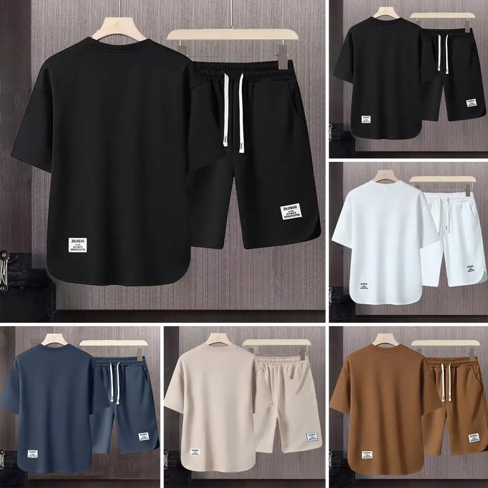 2-piece Sportswear T-shirt Shorts Set Loose Solid Color Round Neck Drawstring Elastic Waist Retro Men's Sports Suit