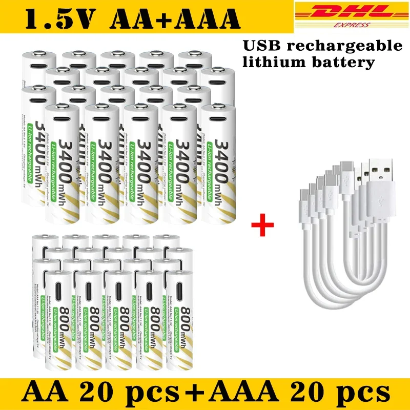 New USB 1.5V AAA and AA Rechargeable Lithium Ion Batteries 1.5V 3400mWh AA Li-ion Batteries + 800mWh 1.5V AAA Li-ion Battery