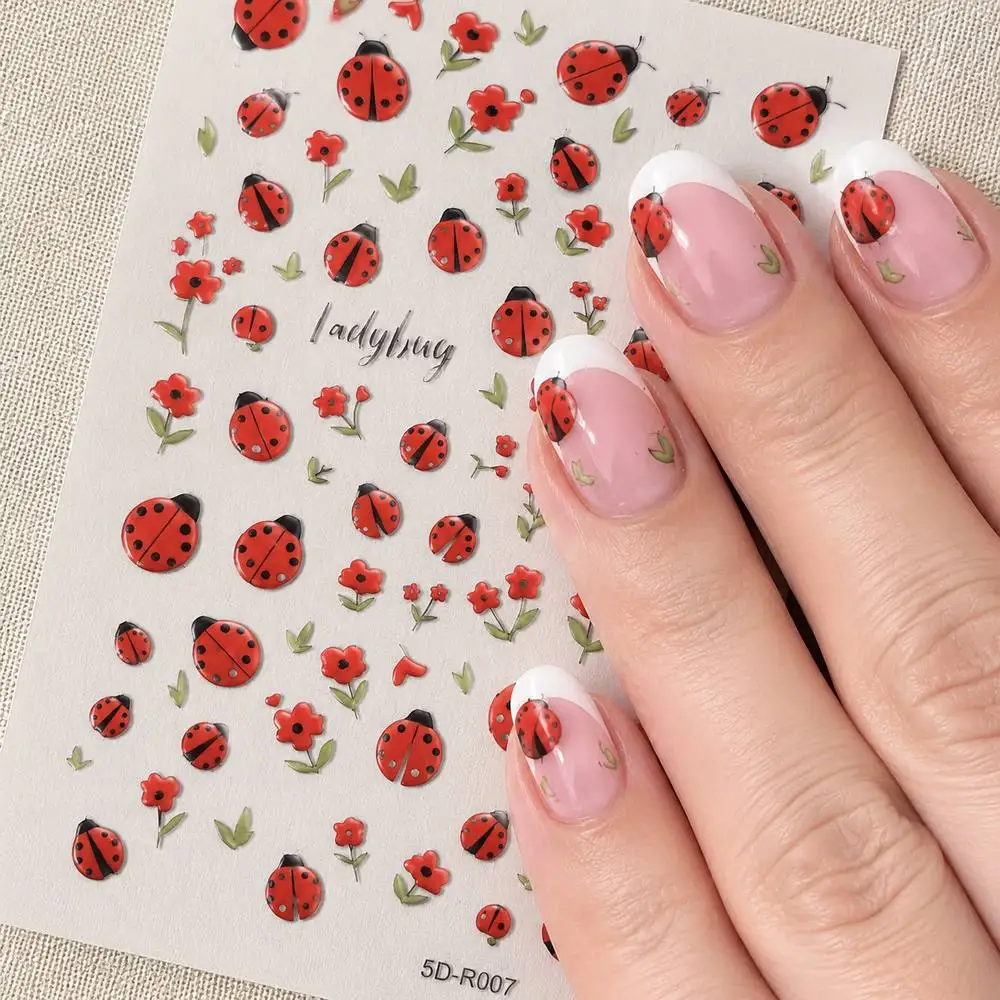 1Pc Eye Catching Ladybug Nail Stickers With Stunning Flower Relief Petals Floral Nail Decal Garden Themes Nail Sliders