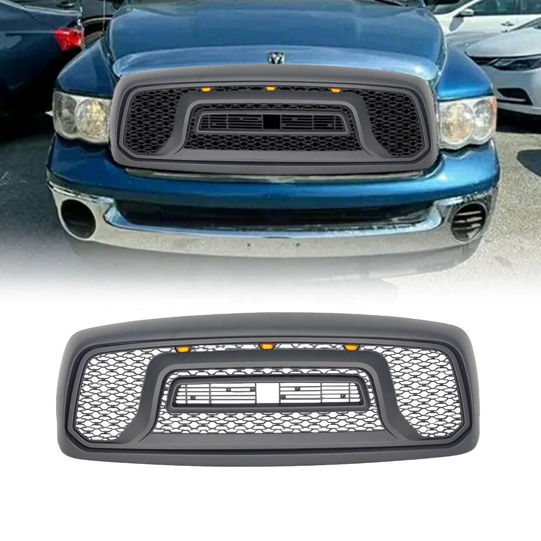 

Custom Car Grills Front Bumper Grille With Amber Light Fit For Dodge Ram 1500 2002-2005 Matte Black ABS