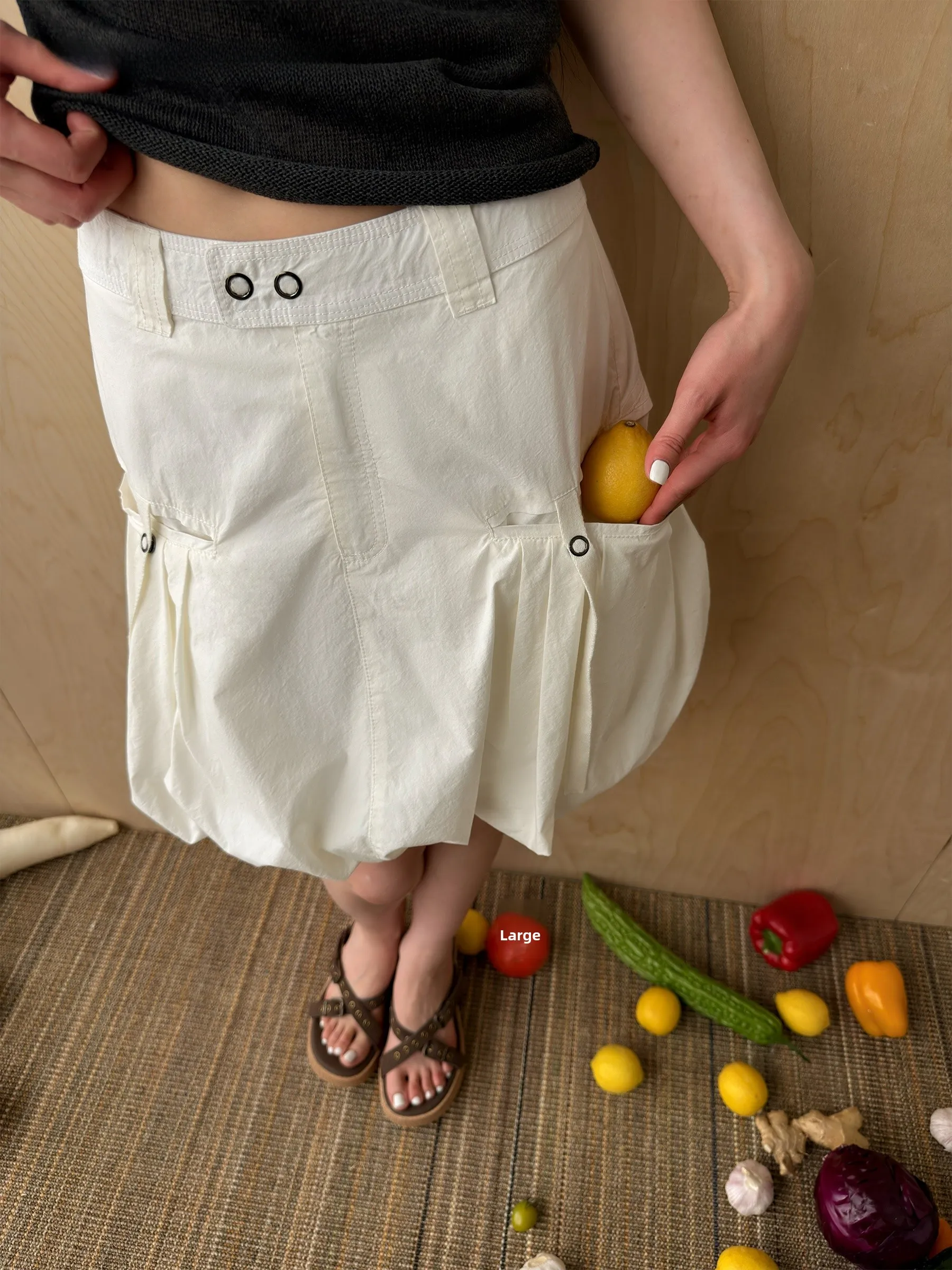 VERMO Vintage Washed Distressed Workwear Pleated Flower Bud Shape Half Skirt Women's Cotton Loose Fit mid Waist Skirt