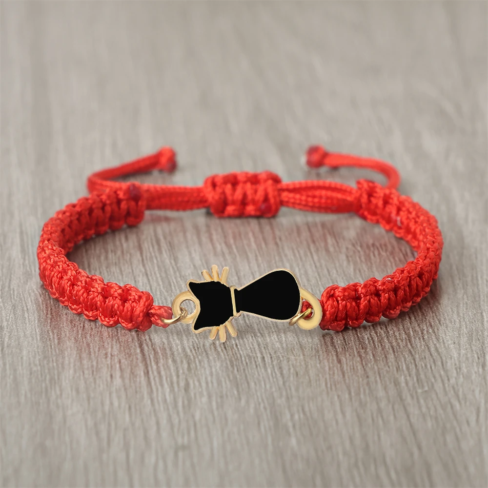 Lucky Red Black Rope Bracelets Handmade Woven Adjustable Wristband Fashion Cute Enamel Cats Pendant Jewelry Gifts for Men Women
