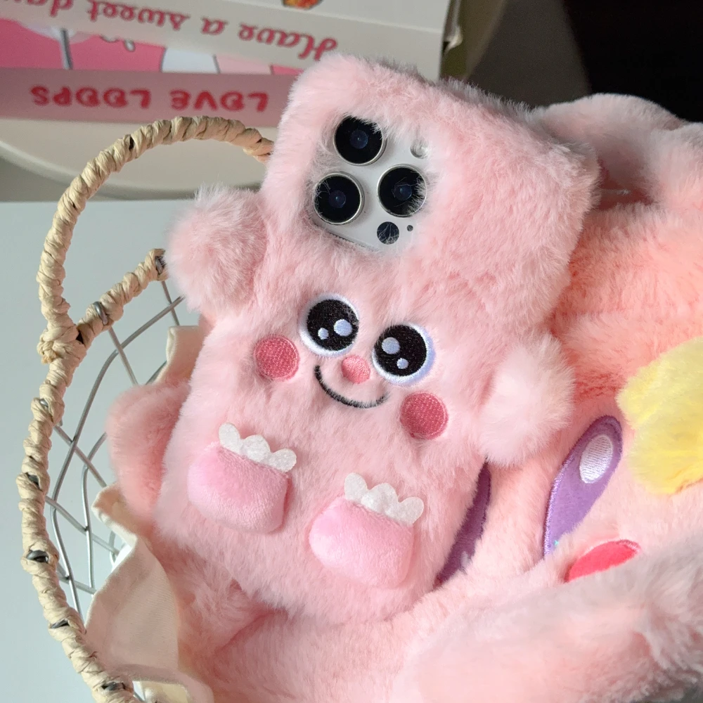 

3D Cute Plush Warm Cartoon Monster Phone Case For Iphone 16 15 14 13 12 11 17 Pro Max Plus Furry Lens Protection Cases Cover