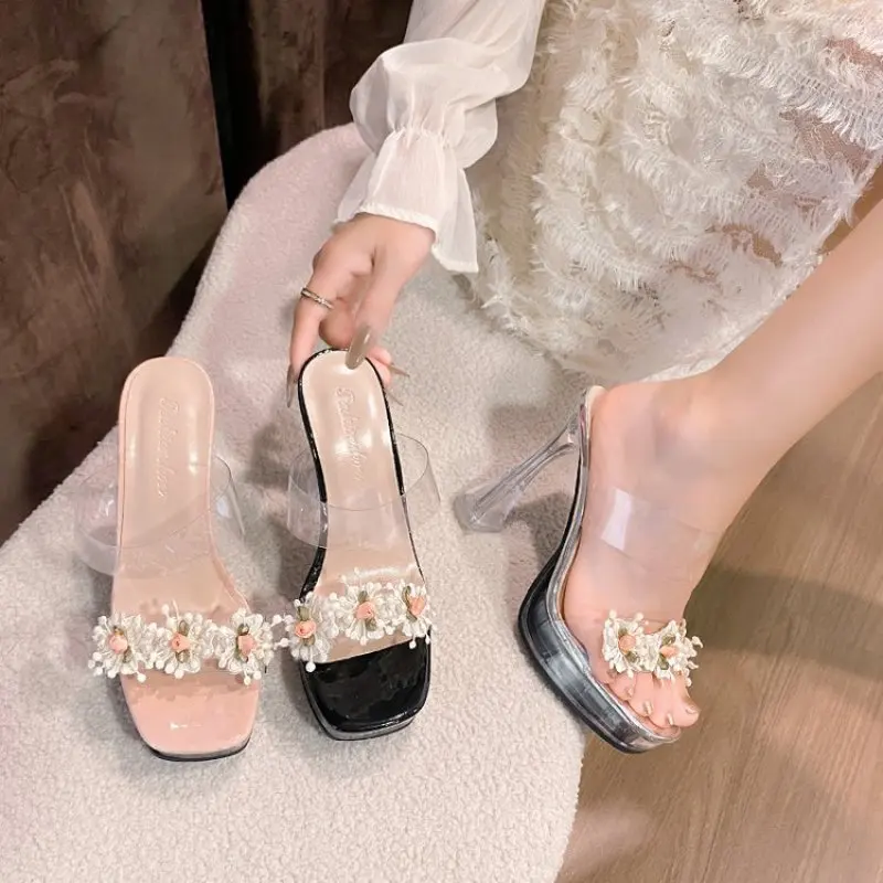 

Summer Round Head Open Toe Fashion Transparent Sexy Flower Women's Slippers Crystal Heel New High Heel Sandals Women Plus Siz 43