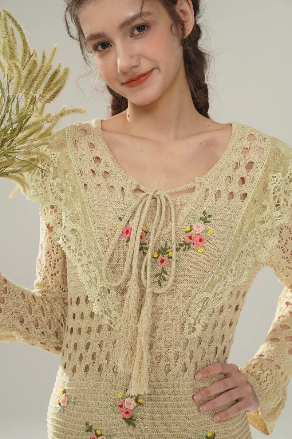 90-120cmBust SpringFall Wool Mulberry Silk Knitted Dress Women Elegant Handmade Embroidery Sexy Lace V-Neck HollowOut Maxi Dress