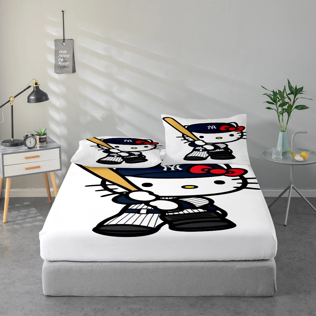 Conjunto de Lençóis de Cama com Estampa Digital de Alta Definição de 3 Peças, Hello Kitty Vestindo Uniforme do New York Yankees e Segurando um Bastão de Beisebol, Conjunto de Lençóis com Estampa Floral Grande, Inclui 1 Lençol com Elástico + 1/2 Fronha, Ad