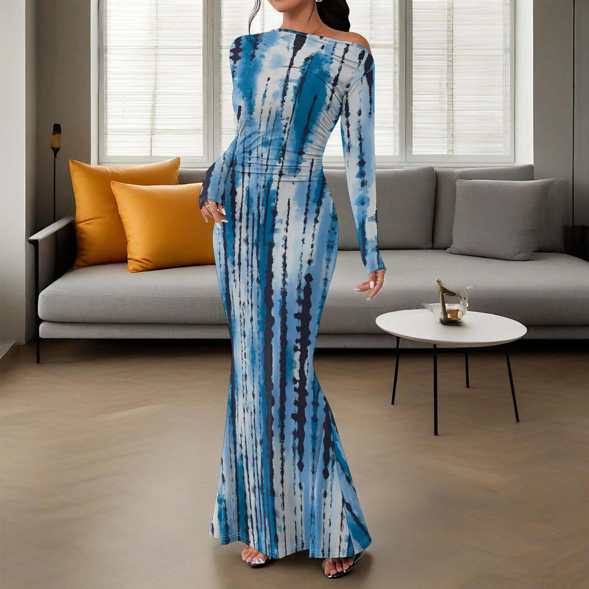 

Women's Off Shoulder Long Sleeve Blue Bodycon Maxi Dress Elegant 2025 Party Gown Clubwear Evening Outfit for Ladies