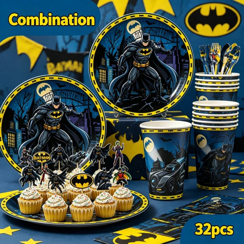 Articles de fête Batman pour anniversaire d'enfant, vaisselle jetable, gobelets, ballons pour garçons, décoration de baby shower