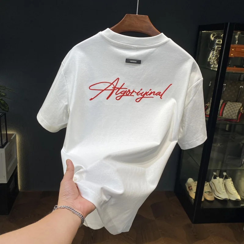 Men's Loose Short Sleeve White T-Shirt with Red Letter Embroidery for Summer, Casual Daily Street Style