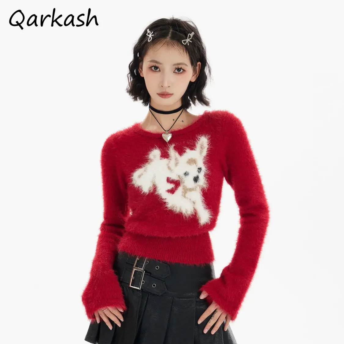 Sweaters Women's Christmas Red Puppy Autumn Winter Thickened Bottoming Knitted Pullovers Gift Trendy Simple Aesthetic Hipster