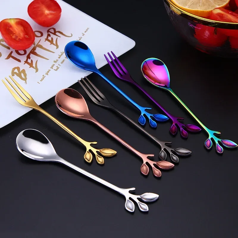 Gold Long Handle Spoon Stainless Steel Leaf Teaspoon Nordic Mini Stirring Spoons Small Fork for Dessert Coffee Honey Home Decor