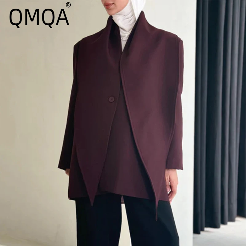 QMQA موضة المرأة الصلبة تقسم وشاح السترة الخامس الرقبة طويلة الأكمام المرقعة زر التخسيس السترة الإناث سترات أنيقة QM423