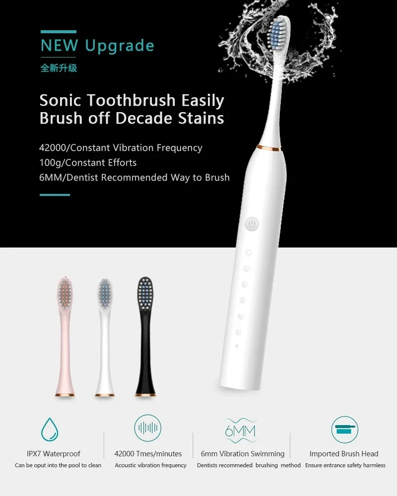 Escova de dentes eléctrica sónica para adultos e crianças, automática, recarregável, com 4 cabeças substitutas, ipx7