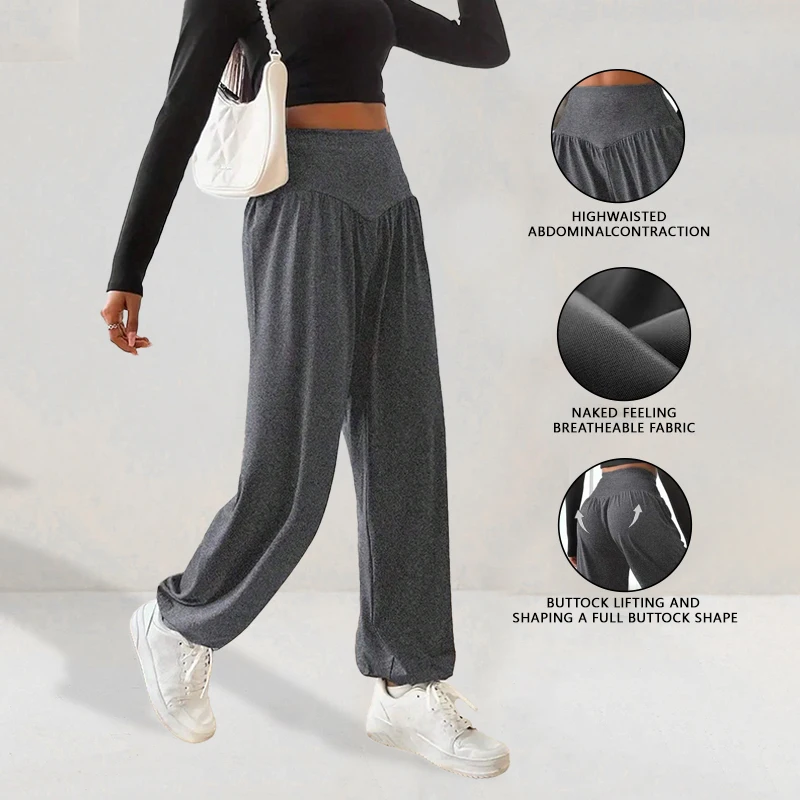

Женские брюки для йоги с высокой талией и широкими штанинами, свободные повседневные спортивные брюки, эластичные и дышащие, моделирующие фигуру, для отдыха.